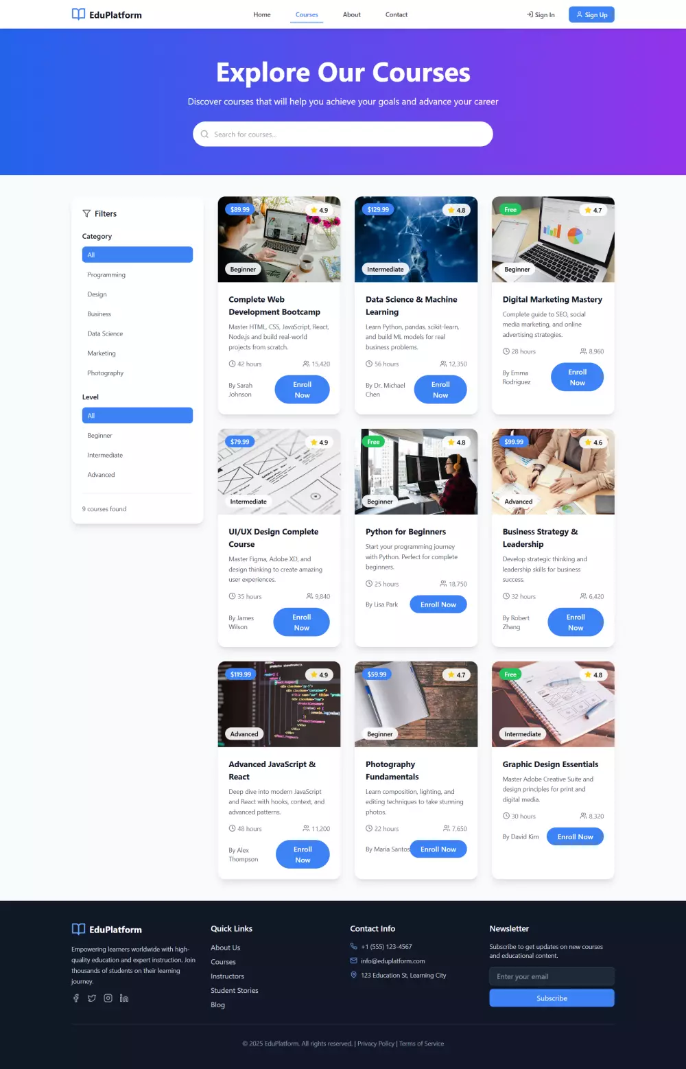 تصميم وتطوير منصة تعليمية احترافية شبيهة بـ Udemy وCourse