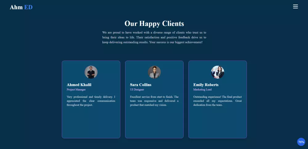 سأقوم بتصميم صفحة ويب متجاوبة تحتوي على أقسام احترافية باستخدام HTML وTailwind CSSوJs