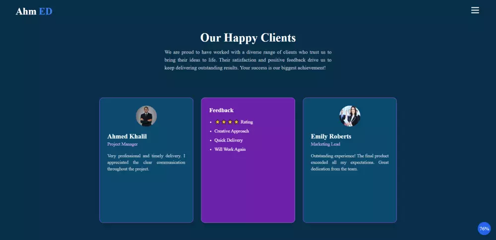 سأقوم بتصميم صفحة ويب متجاوبة تحتوي على أقسام احترافية باستخدام HTML وTailwind CSSوJs