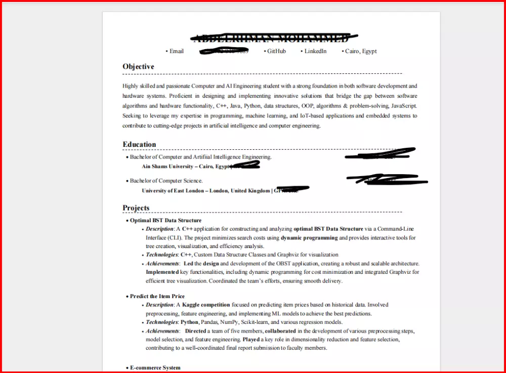 كتابة وتصميم سيرة ذاتية (CV) احترافية باللغة العربية أو الإنجليزية