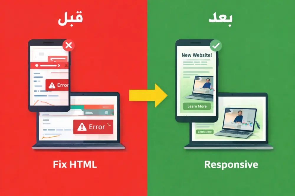 إصلاح أخطاء مواقع HTML CSS JavaScript بسرعة واحترافية