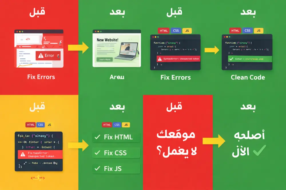 إصلاح أخطاء مواقع HTML CSS JavaScript بسرعة واحترافية