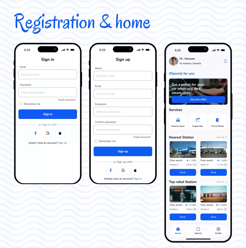 Clean Drive تطبيقUI UX لحجز غسلة لسيارتك