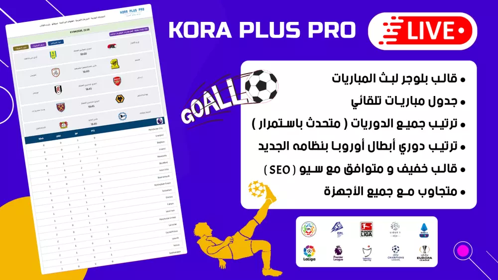 قالب للبث المباشر وترتيب الدوريات تلقائيا - قالب كورة بلس برو