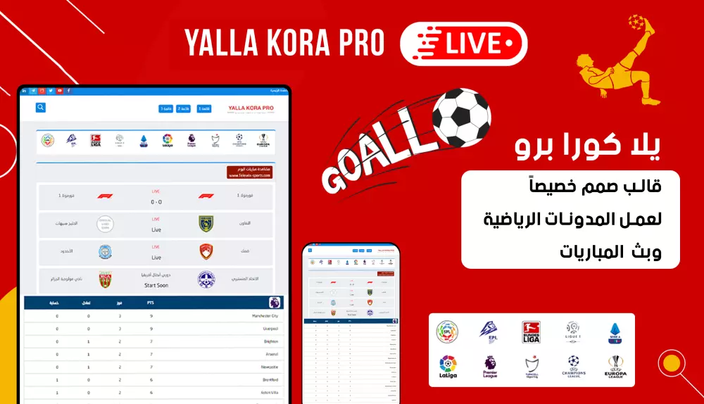قالب يلا كورة برو للبث المباشر و ترتيب الدوريات و الهدافين تلقائيا و جدول مباريات تلقائي - Yalla kora pro