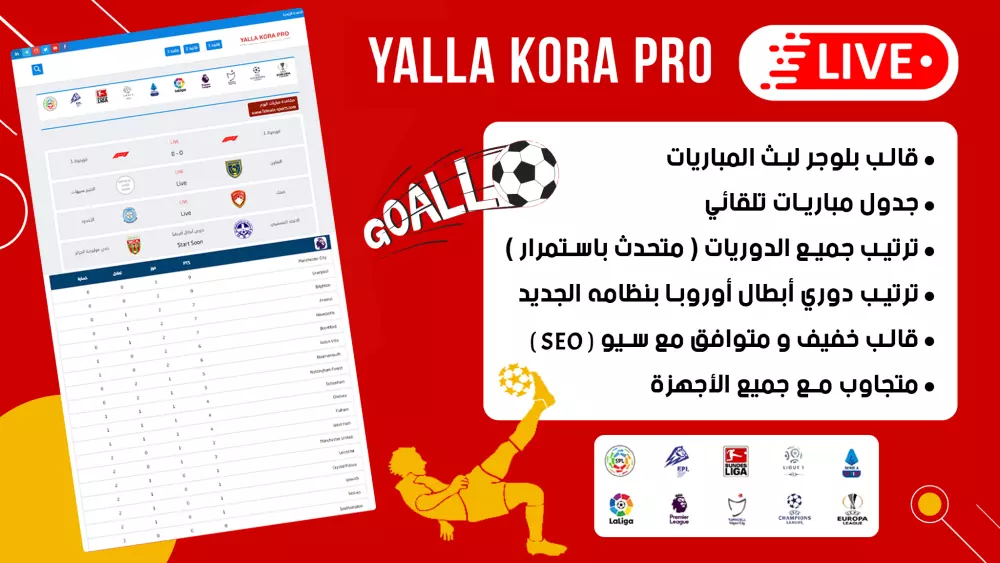 قالب يلا كورة برو للبث المباشر و ترتيب الدوريات و الهدافين تلقائيا و جدول مباريات تلقائي - Yalla kora pro