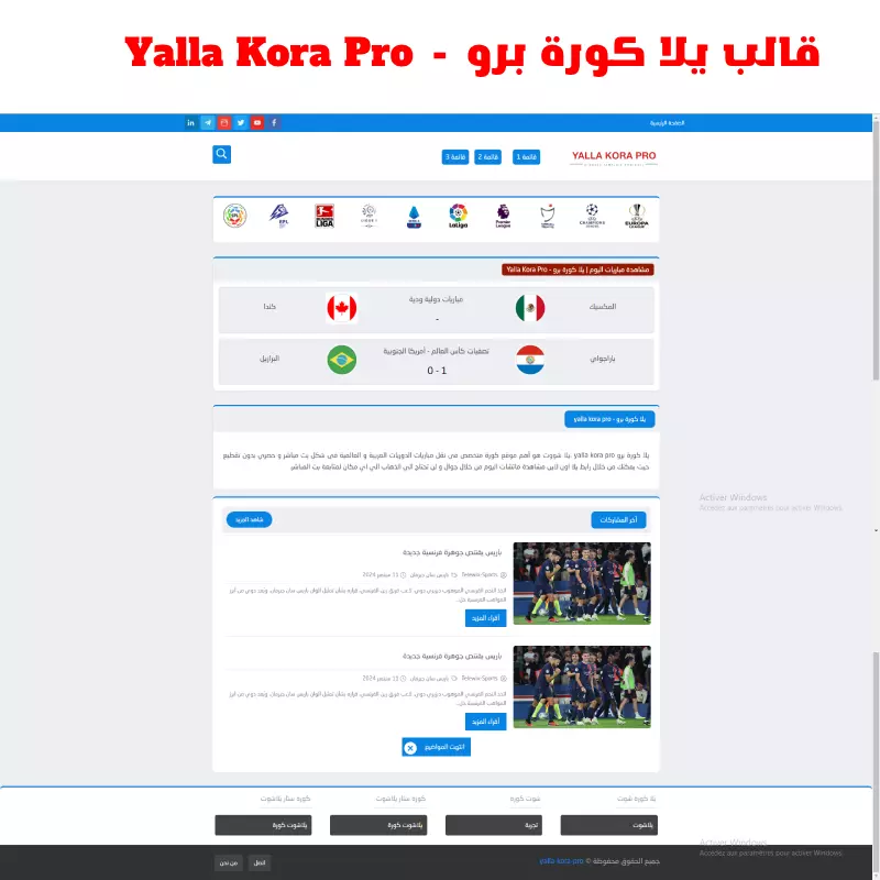 قالب يلا كورة برو للبث المباشر و ترتيب الدوريات و الهدافين تلقائيا و جدول مباريات تلقائي - Yalla kora pro