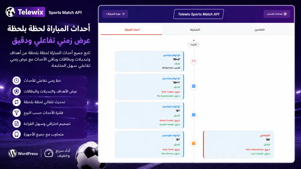 إضافة ووردبريس لعرض جدول مباريات كرة القدم والنتائج المباشرة مع لوحة تحكم كاملة - Telewix Sports Match API