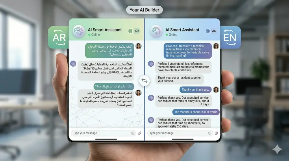 سأبني لك Chatbot ذكي ثنائي اللغة (عربي/إنجليزي) لموقعك — مدعوم بـ GPT-4 مع فهم سياق عملك