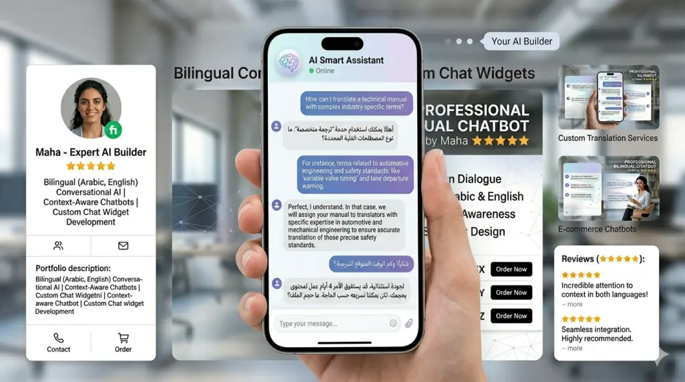 سأبني لك Chatbot ذكي ثنائي اللغة (عربي/إنجليزي) لموقعك — مدعوم بـ GPT-4 مع فهم سياق عملك