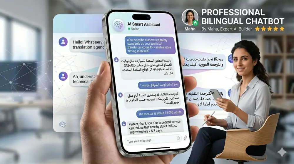 سأبني لك Chatbot ذكي ثنائي اللغة (عربي/إنجليزي) لموقعك — مدعوم بـ GPT-4 مع فهم سياق عملك