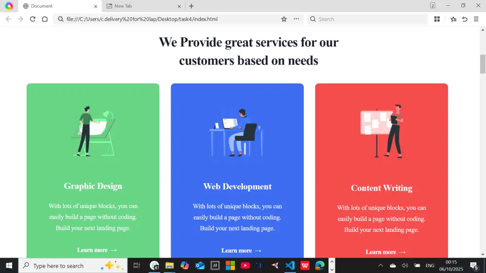 أحوّل تصميم Figma إلى صفحة ويب واحدة تتكوّن من خمسة أقسام (Bootstrap+HTML + CSS + JavaScript) بتصميم نظيف ومتجاوب، ومتوافقة مع جميع المتصفحات ومنظّمة بشكل احترافي.