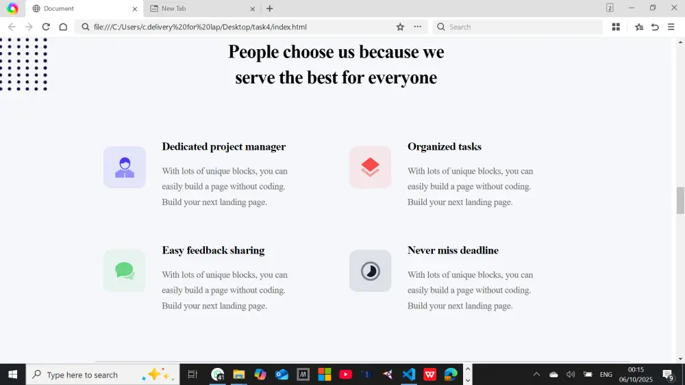 أحوّل تصميم Figma إلى صفحة ويب واحدة تتكوّن من خمسة أقسام (Bootstrap+HTML + CSS + JavaScript) بتصميم نظيف ومتجاوب، ومتوافقة مع جميع المتصفحات ومنظّمة بشكل احترافي.