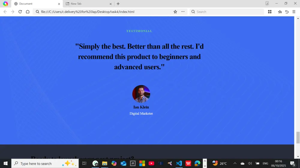 أحوّل تصميم Figma إلى صفحة ويب واحدة تتكوّن من خمسة أقسام (Bootstrap+HTML + CSS + JavaScript) بتصميم نظيف ومتجاوب، ومتوافقة مع جميع المتصفحات ومنظّمة بشكل احترافي.