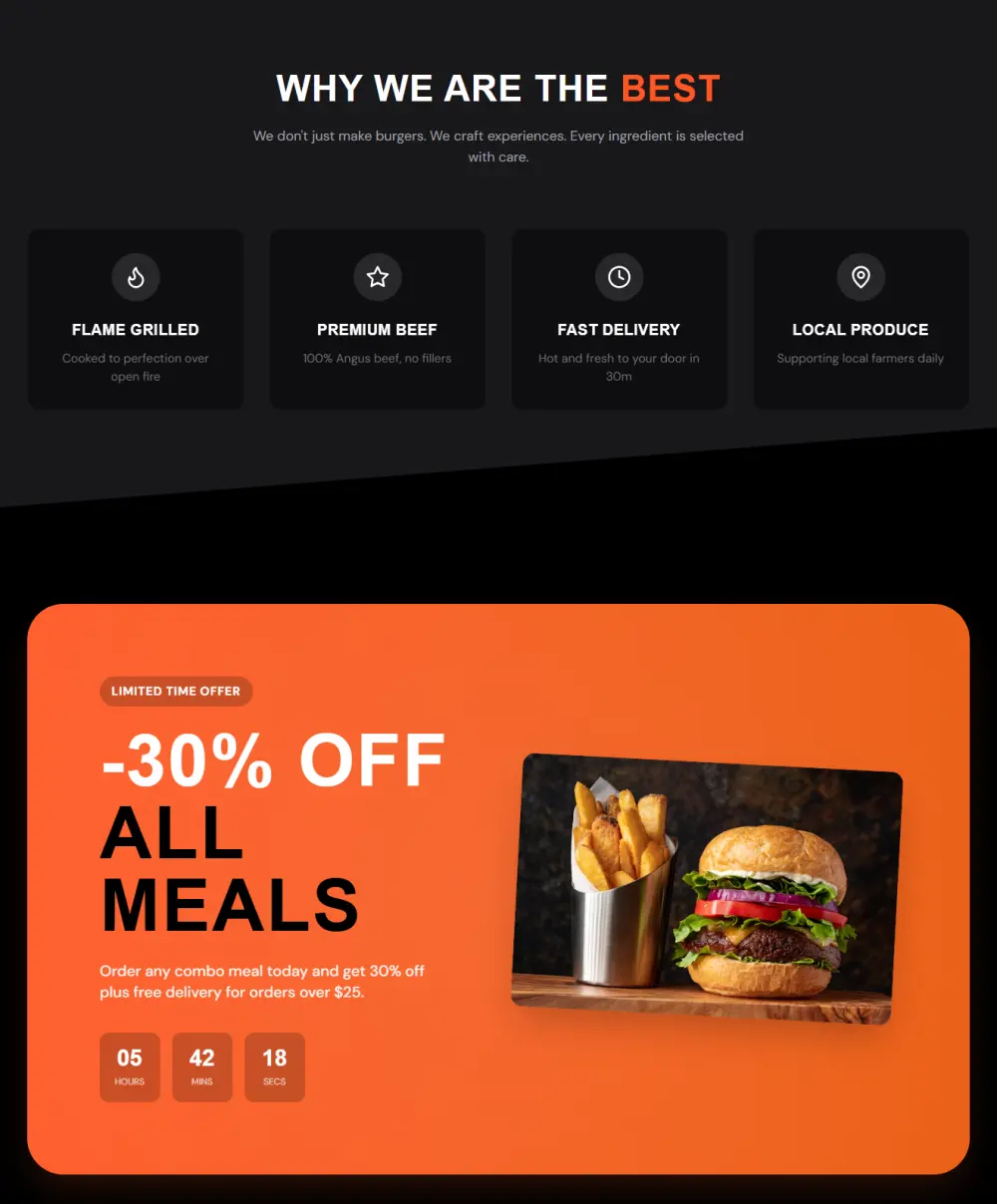 تصميم Landing Page جذابة لمطعم البرجر تحول الزوار إلى عملاء