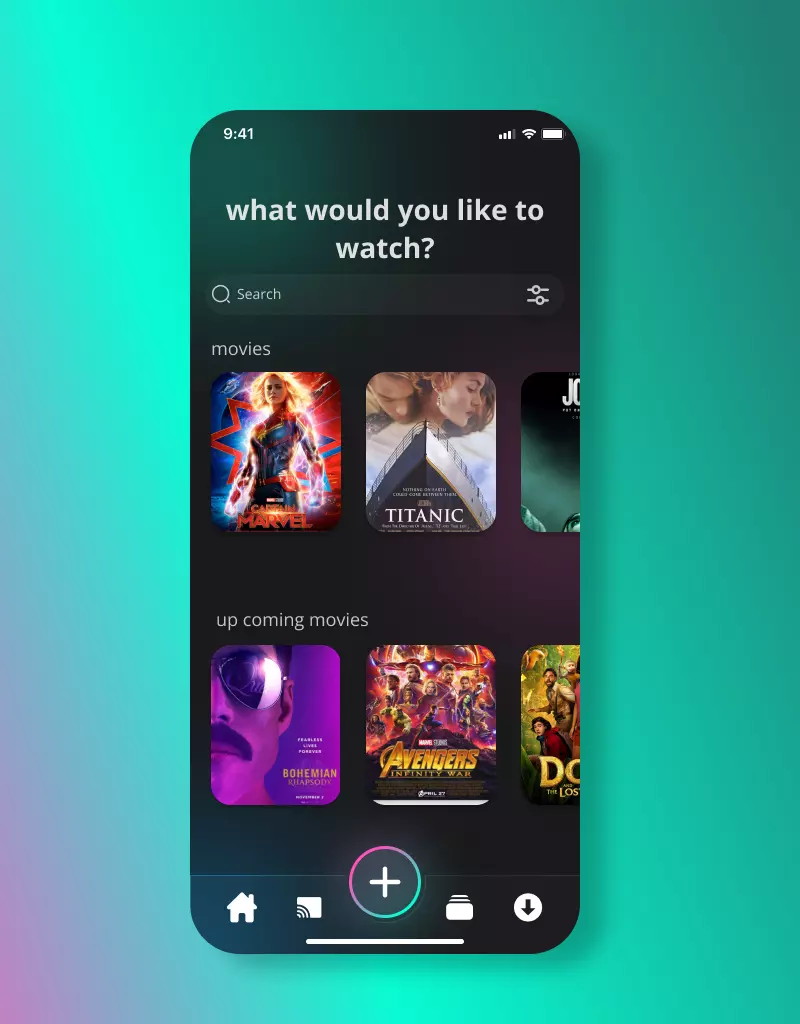 تطبيق موبايل بسيط خاص بعرض الأفلام، مكوّن من 3 صفحات رئيسية: صفحة رئيسية للأفلام، صفحة تفاصيل الفيلم، وصفحة الحساب/المستخدم. التطبيق يتميز بواجهة عصرية وسهلة الاستخدام لعرض الأفلام بشكل جذاب وواضح.
