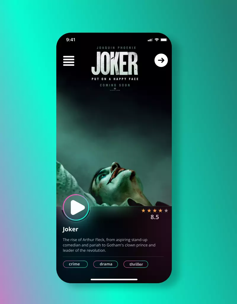 تطبيق موبايل بسيط خاص بعرض الأفلام، مكوّن من 3 صفحات رئيسية: صفحة رئيسية للأفلام، صفحة تفاصيل الفيلم، وصفحة الحساب/المستخدم. التطبيق يتميز بواجهة عصرية وسهلة الاستخدام لعرض الأفلام بشكل جذاب وواضح.