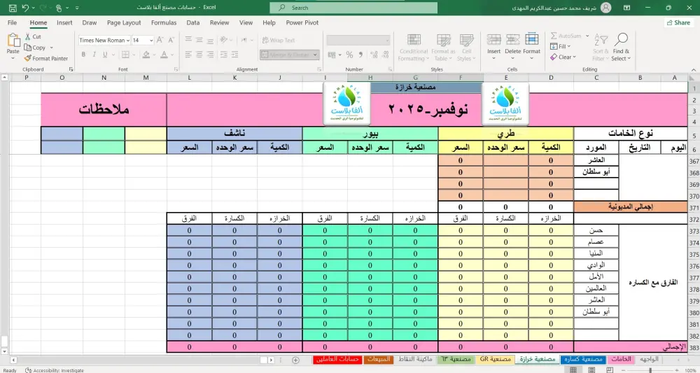 نظام محاسبي متكامل على Excel لإدارة المصنع والموردين والمبيعات والعمالة