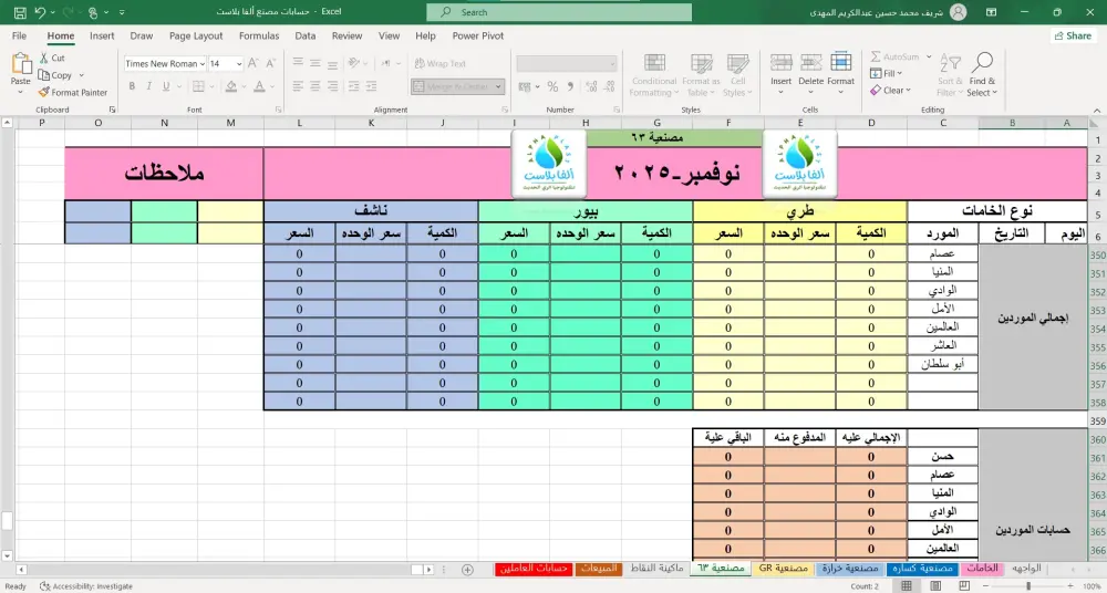 نظام محاسبي متكامل على Excel لإدارة المصنع والموردين والمبيعات والعمالة