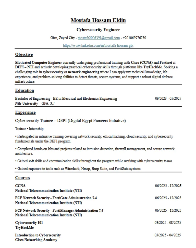 تصميم وكتابة سيرة ذاتية (CV / Resume) احترافية ومتوافقة تمامًا مع أنظمة ATS (Applicant Tracking System) اللي بتستخدمها الشركات لتصفية المتقدمين للوظائف.