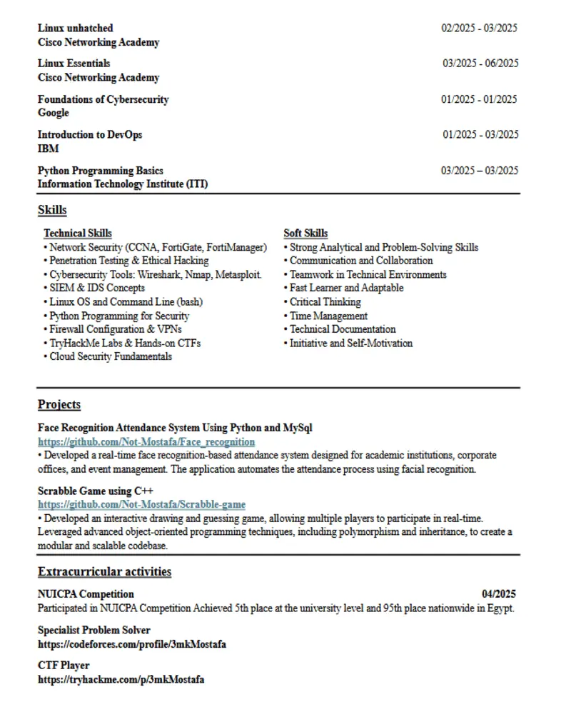 تصميم وكتابة سيرة ذاتية (CV / Resume) احترافية ومتوافقة تمامًا مع أنظمة ATS (Applicant Tracking System) اللي بتستخدمها الشركات لتصفية المتقدمين للوظائف.