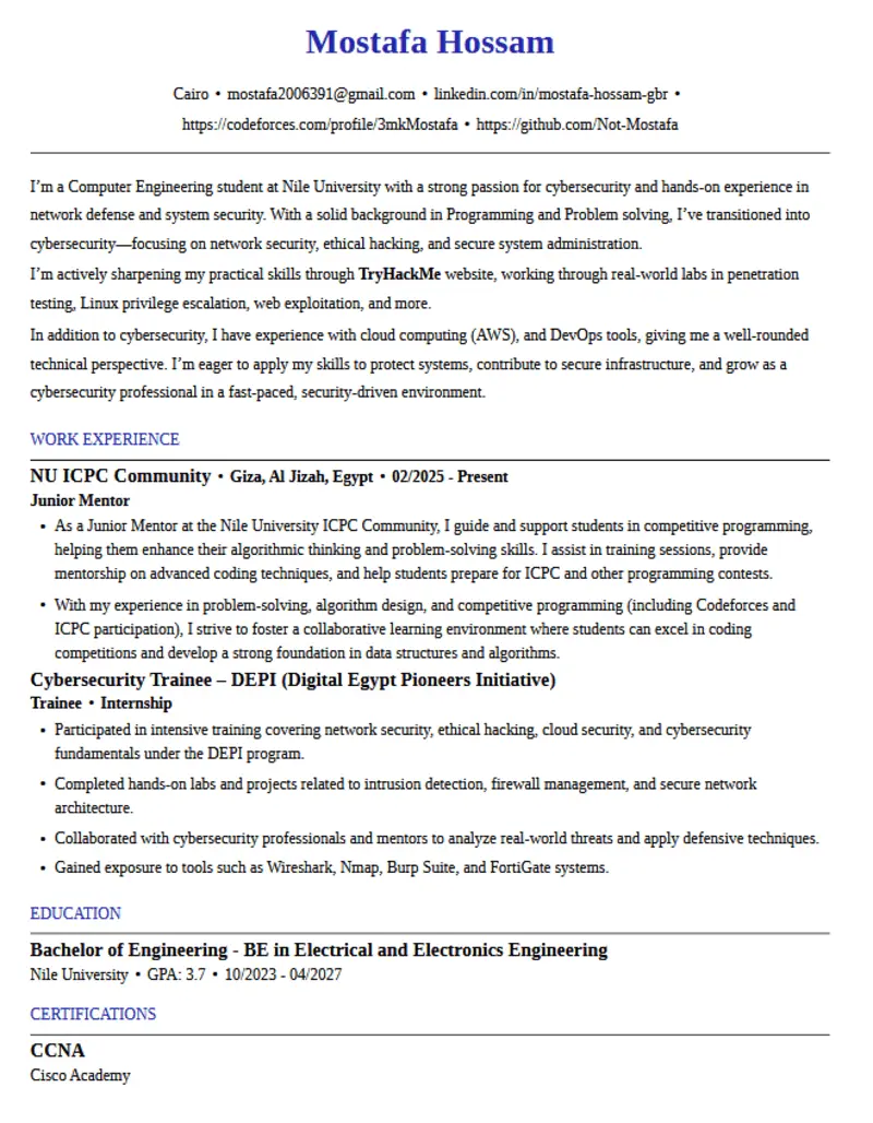 تصميم وكتابة سيرة ذاتية (CV / Resume) احترافية ومتوافقة تمامًا مع أنظمة ATS (Applicant Tracking System) اللي بتستخدمها الشركات لتصفية المتقدمين للوظائف.