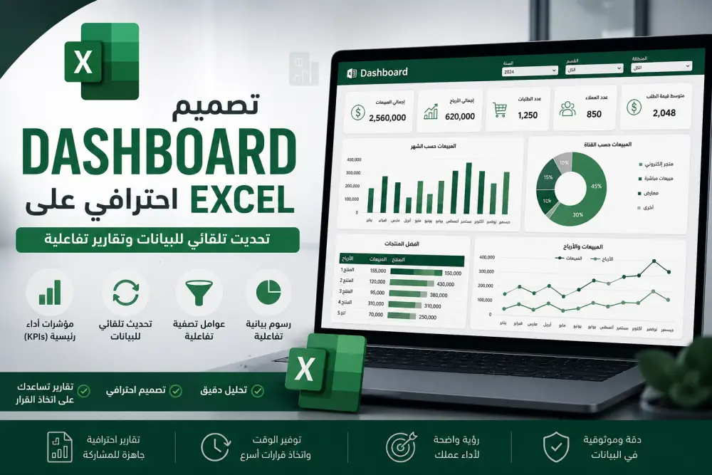 تصميم Dashboard احترافي على Excel مع تحديث تلقائي للبيانات والتقارير التفاعلية