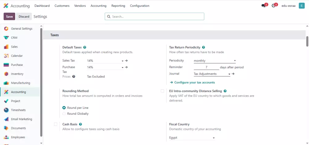 إعداد وتخصيص وحدة محاسبة أو مخازن في نظام odoo