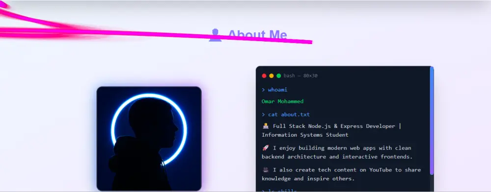 إنشاء موقع بورتفوليو شخصي احترافي يعرض معلوماتك ومهاراتك ومشاريعك مع تصميم عصري ومتجاوب.