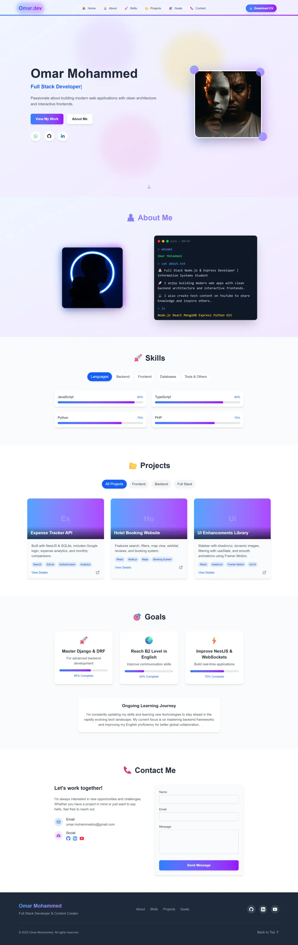 إنشاء موقع بورتفوليو شخصي احترافي يعرض معلوماتك ومهاراتك ومشاريعك مع تصميم عصري ومتجاوب.