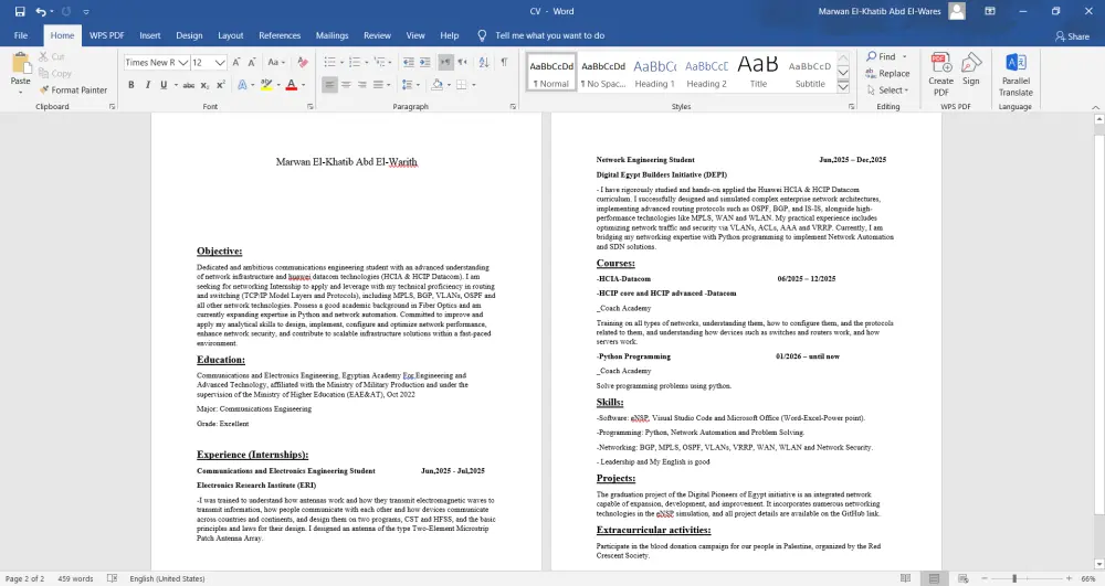 تصميم سيرة ذاتية (CV) احترافية متوافقة مع أنظمة الـ ATS.