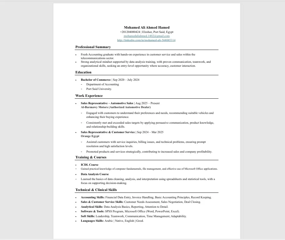 تصميم سيرة ذاتية (CV) احترافي عربي وإنجليزي (ATS)