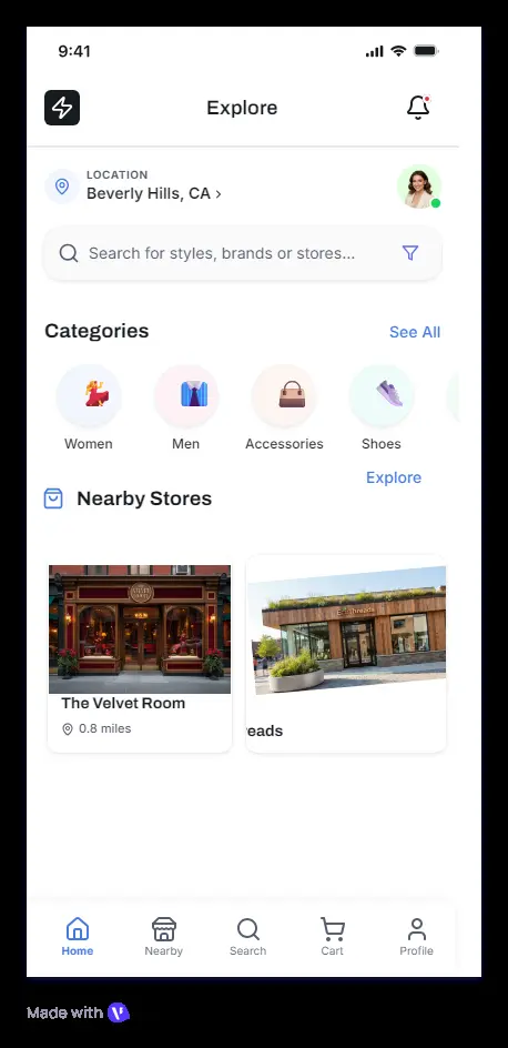 تصميم واجهات مستخدم (UI/UX) كاملة وتفاعلية لتطبيق هاتف ذكي (استكشاف المتاجر القريبة والملفات الشخصية للمحلات) بجودة عالية ومطابقة لمتطلباتك.