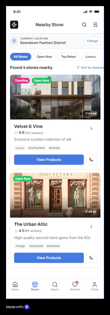 تصميم واجهات مستخدم (UI/UX) كاملة وتفاعلية لتطبيق هاتف ذكي (استكشاف المتاجر القريبة والملفات الشخصية للمحلات) بجودة عالية ومطابقة لمتطلباتك.