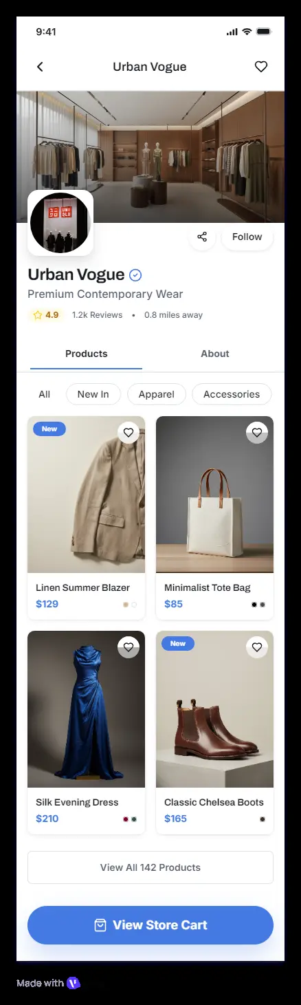 تصميم واجهات مستخدم (UI/UX) كاملة وتفاعلية لتطبيق هاتف ذكي (استكشاف المتاجر القريبة والملفات الشخصية للمحلات) بجودة عالية ومطابقة لمتطلباتك.