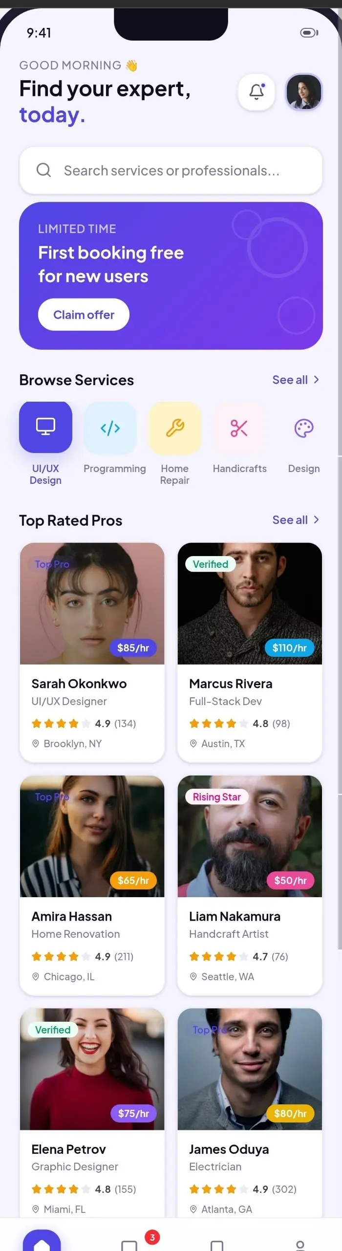 تطبيق خدمات المستقلين وأصحاب الحرف المتكامل (برمجة Flutter UI/UX)