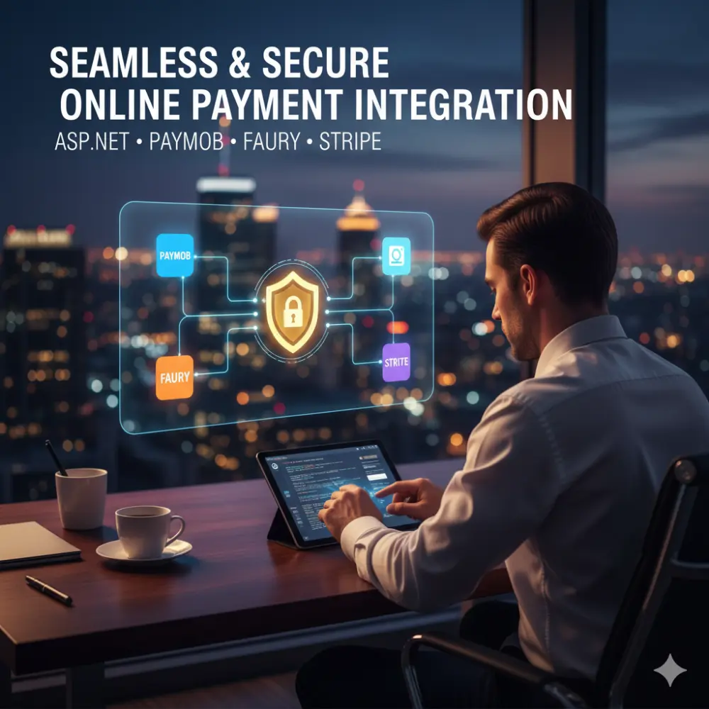 أقوم بربط موقعك الإلكتروني ببوابة دفع إلكتروني مثل Paymob، Fawry، أو Stripe باستخدام ASP.NET، لتمكين العملاء من الدفع مباشرة من خلال الموقع بطريقة آمنة وسلسة.