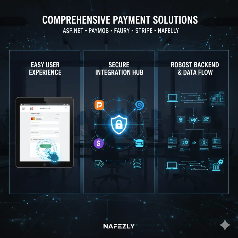 أقوم بربط موقعك الإلكتروني ببوابة دفع إلكتروني مثل Paymob، Fawry، أو Stripe باستخدام ASP.NET، لتمكين العملاء من الدفع مباشرة من خلال الموقع بطريقة آمنة وسلسة.