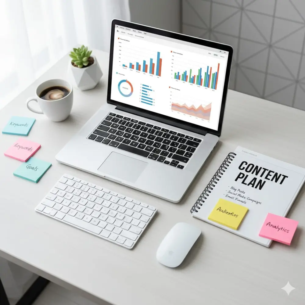 أقدم لك استراتيجية تسويق وخطة محتوى متكاملة تساعدك على تنظيم ونشر محتواك بشكل فعال.