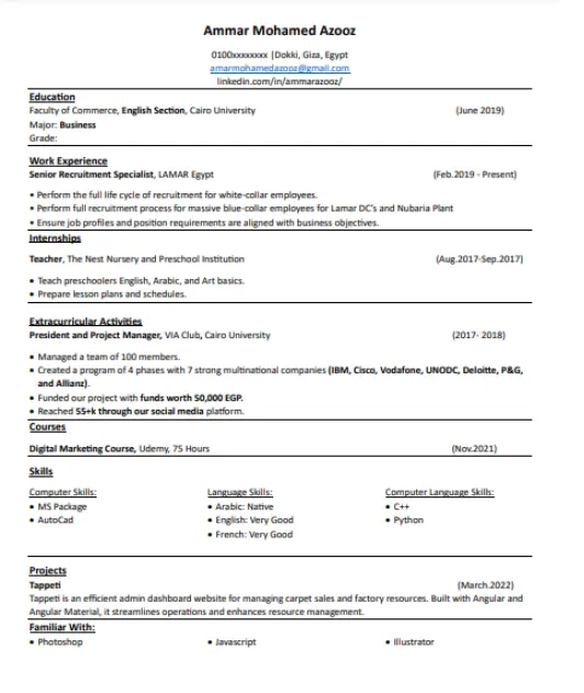 تصميم سيرة ذاتية احترافية باللغتين العربية والإنجليزية