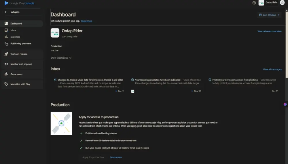 الاختبار المغلق – اجتياز ناجح لتجربة Google Play عبر 12 مختبِر حقيقي للتطبيق لمدة 14 يومًا.