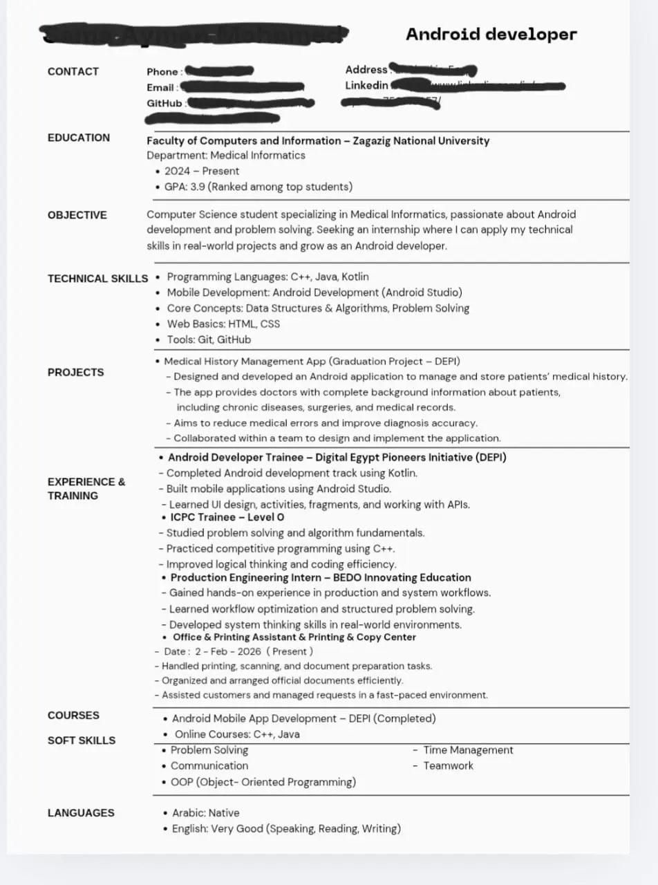 سأقوم بكتابة CV احترافي ومصمم بعناية يعكس مهاراتك، خبراتك، وإنجازاتك بطريقة منظمة وجذابة تناسب مجالك.