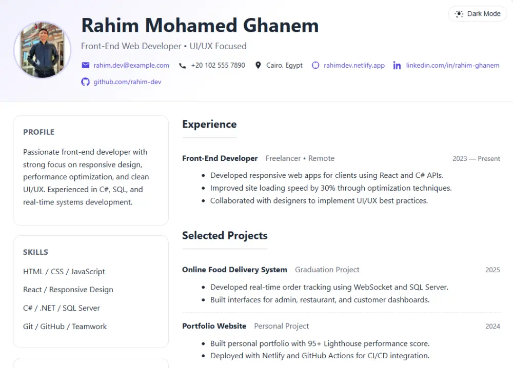 إنشاء سيرة ذاتية (CV) احترافية بتصميم موقع شخصي باستخدام HTML وCSS وJavaScript