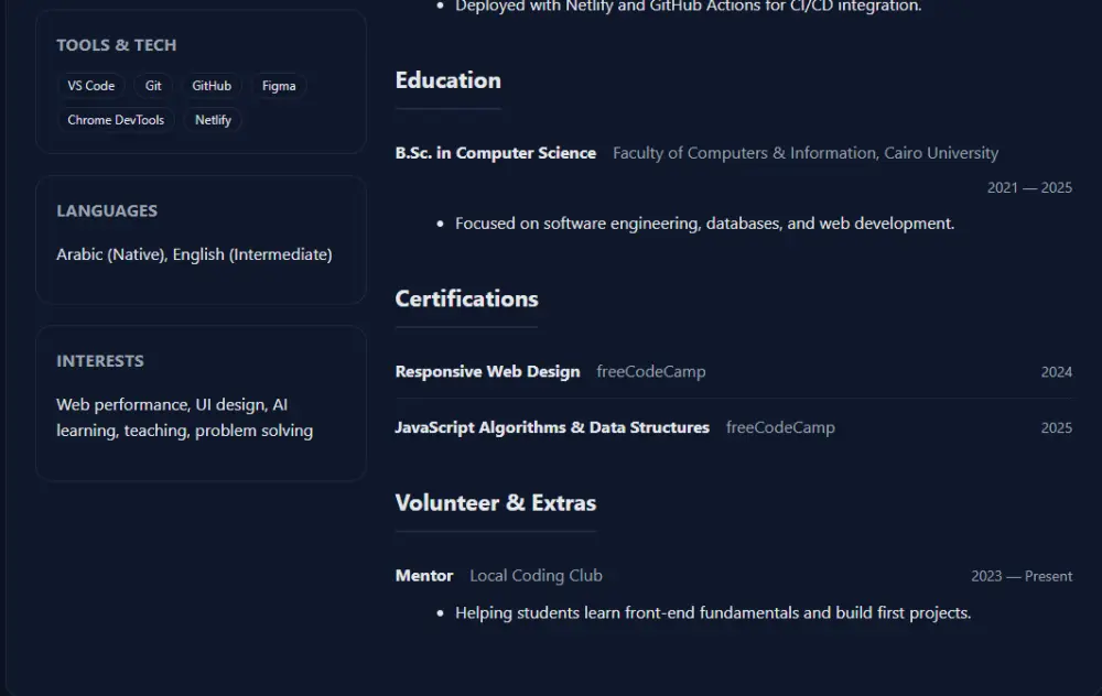إنشاء سيرة ذاتية (CV) احترافية بتصميم موقع شخصي باستخدام HTML وCSS وJavaScript