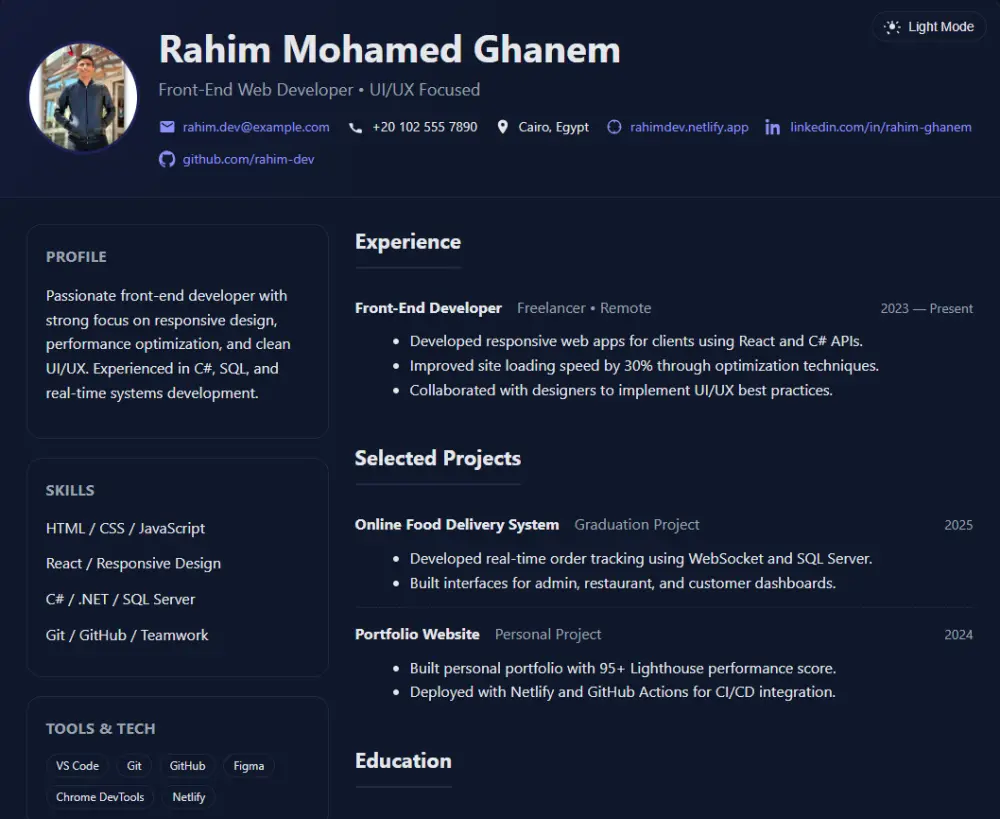 إنشاء سيرة ذاتية (CV) احترافية بتصميم موقع شخصي باستخدام HTML وCSS وJavaScript