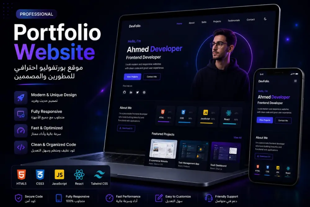 سأصمم وأطور لك موقع Portfolio شخصي احترافي ومتجاوب يعكس هويتك ومهاراتك