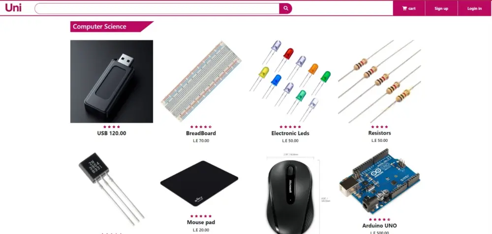 موقع E-Commerce مكون من الصفحة الرئيسية وصفحة المنتجات باستخدام HTML, CSS, JavaScript, و Bootstrap بتصميم متجاوب يعمل على جميع الأجهزة (كمبيوتر، تابلت، وموبايل).