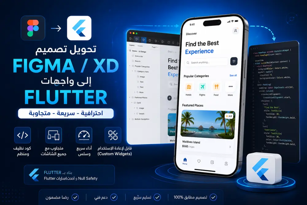 سأحول تصميمك على Figma إلى واجهات تطبيق Flutter احترافية
