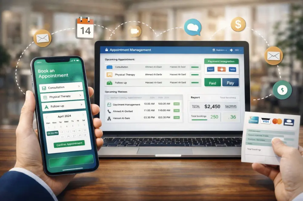برمجة نظام حجز مواعيد إلكتروني متكامل يتيح لأصحاب الأعمال استقبال حجوزات العملاء أونلاين، مع لوحة تحكم للإدارة، وتنبيهات تلقائية، وإمكانية ربط بوابة دفع