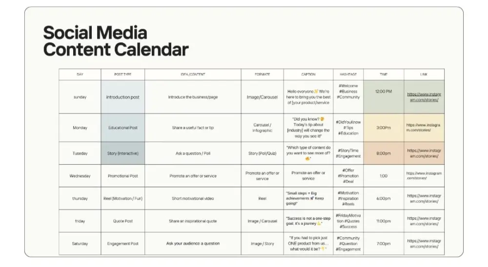 سأقوم بتقديم خطة محتوى أسبوعية Content Calendar لمدة 7 أيام